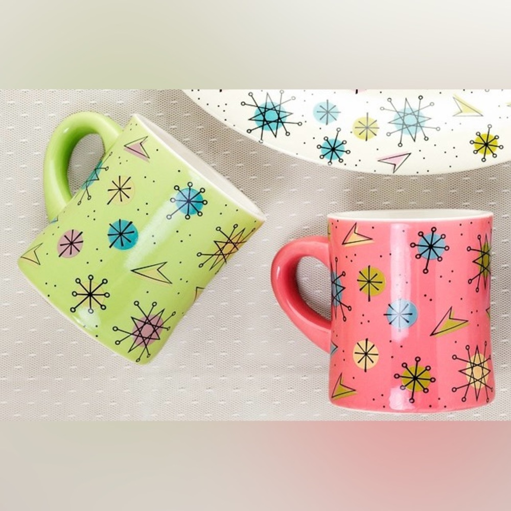 Set of 2 Sourpuss sputnik diner coffee mugs retro atomic mcm